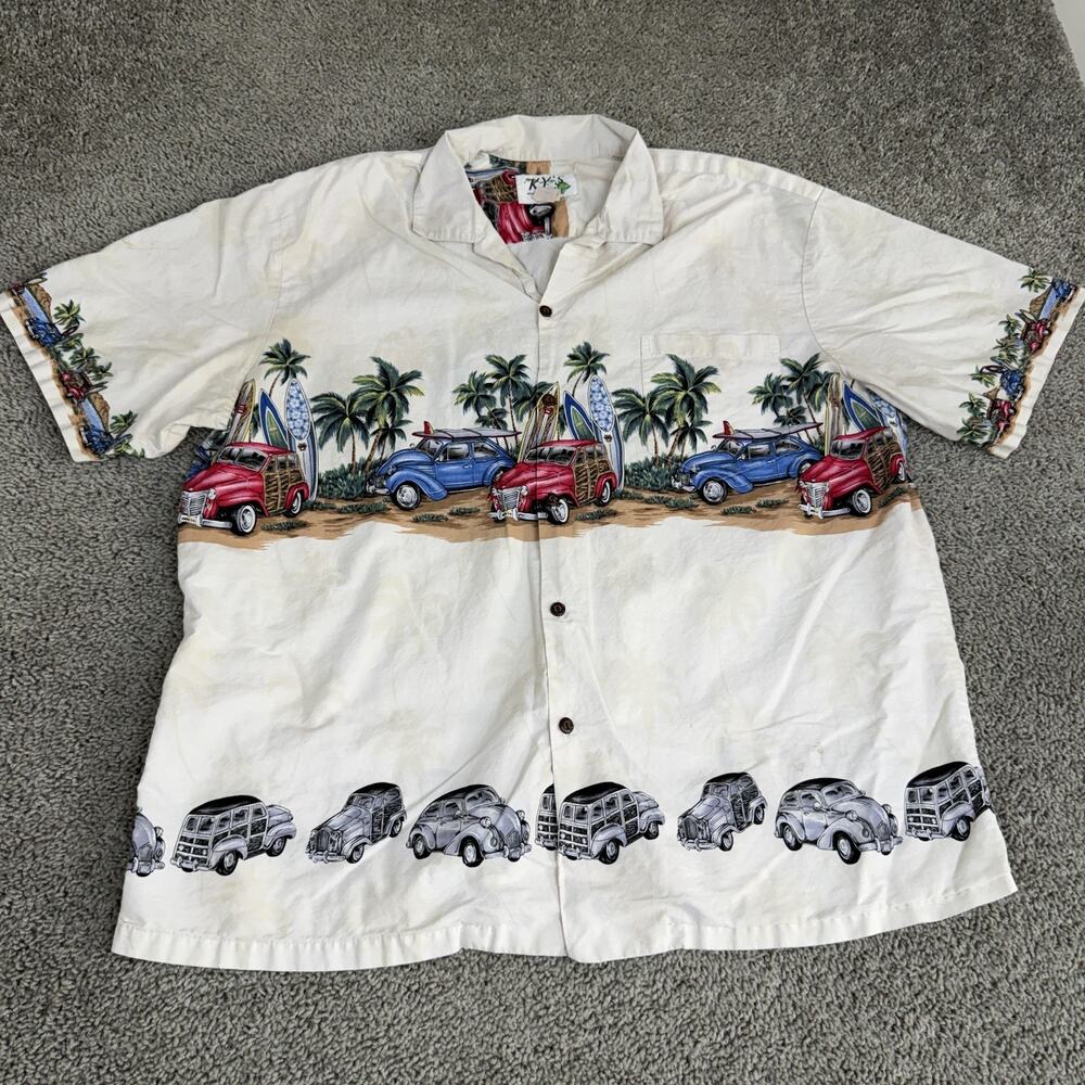 KY'S Shirt Mens XL Multicolor Surf Woody Car Hawaiian Aloha Button Front Hawaii